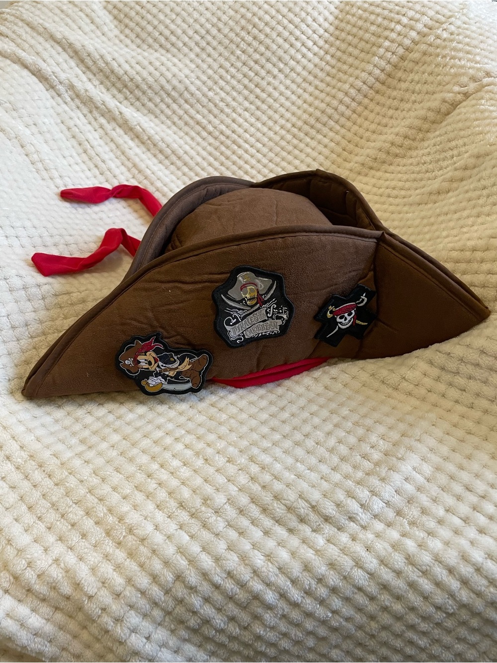 Disneyland Brown Pirate Tricorn Hat with Red Ties and Pirate Patches